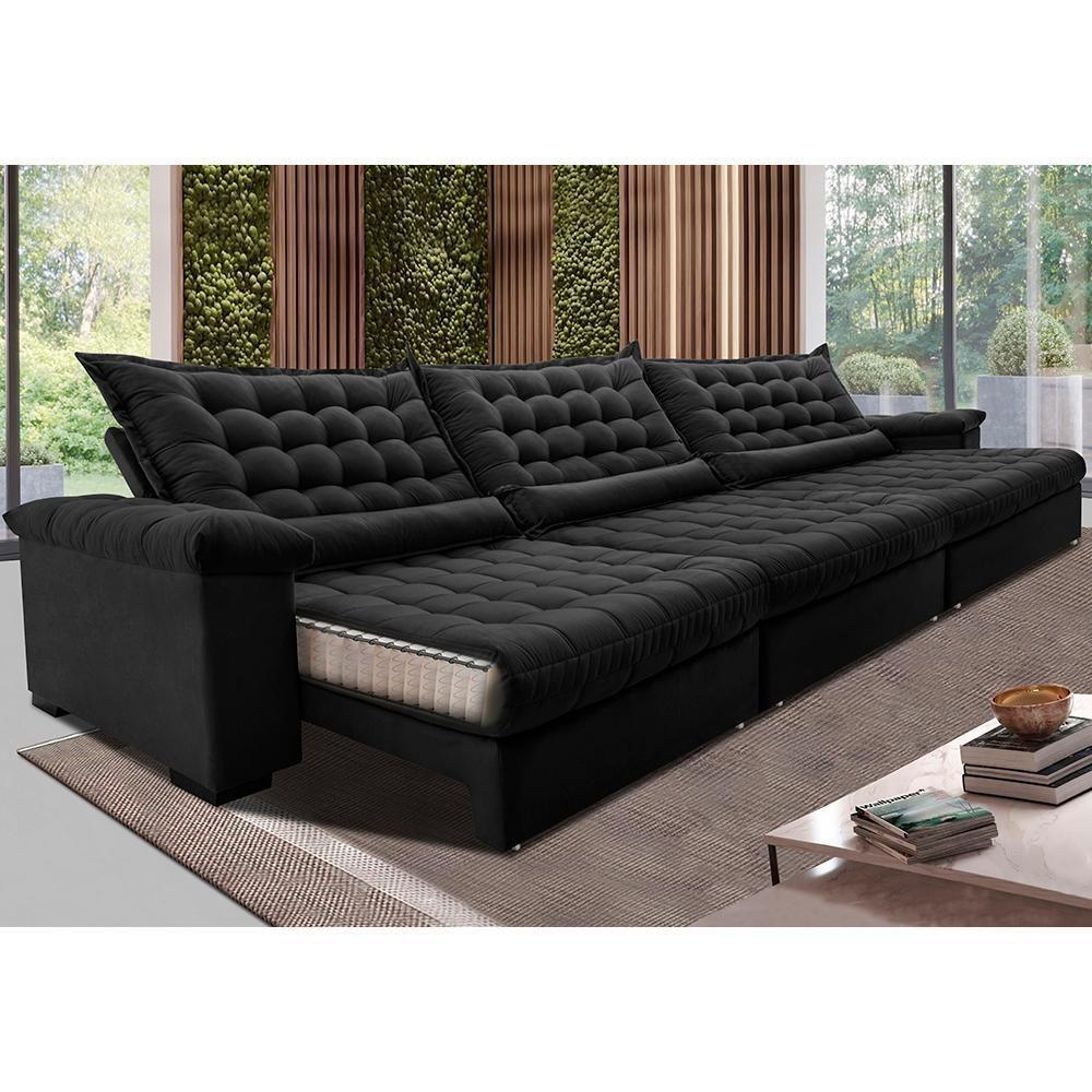 Sofá Retrátil E Reclinável 4,15m Molas Ensacadas Cama Inbox Big Space Com Bordado 3d Velusoft Preto - 1