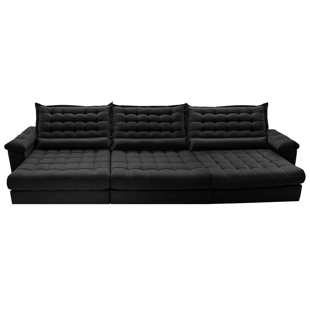 Sofá Retrátil E Reclinável 4,15m Molas Ensacadas Cama Inbox Big Space Com Bordado 3d Velusoft Preto - 5