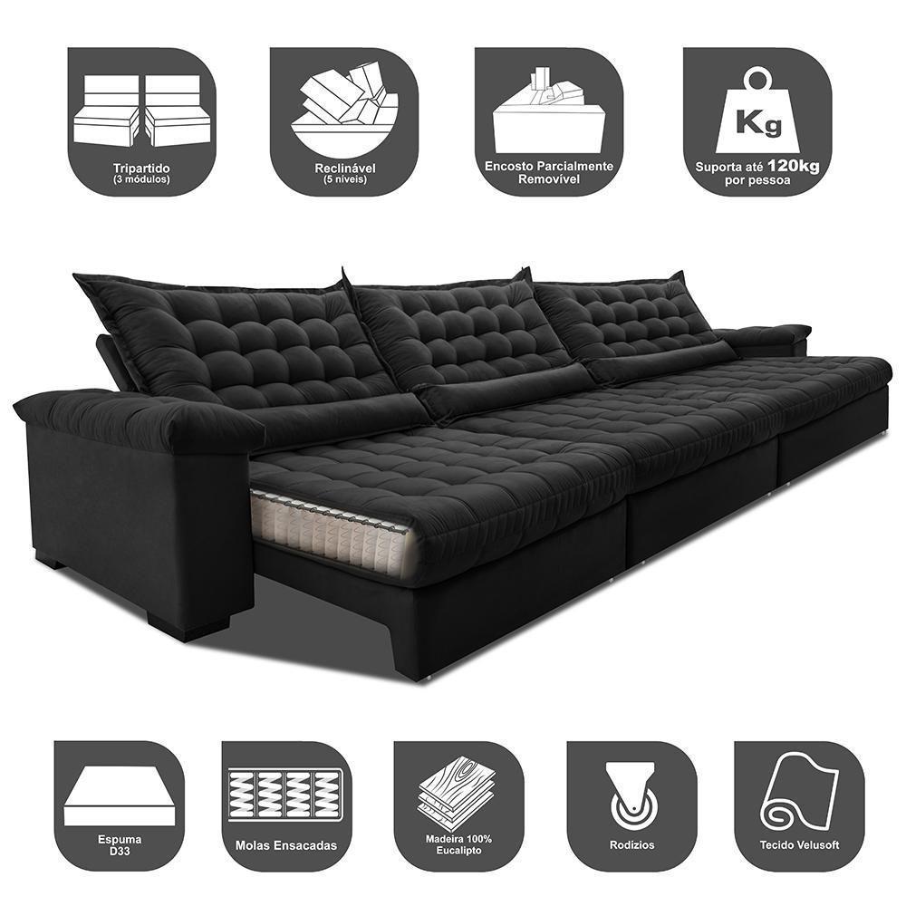 Sofá Retrátil E Reclinável 4,15m Molas Ensacadas Cama Inbox Big Space Com Bordado 3d Velusoft Preto - 7