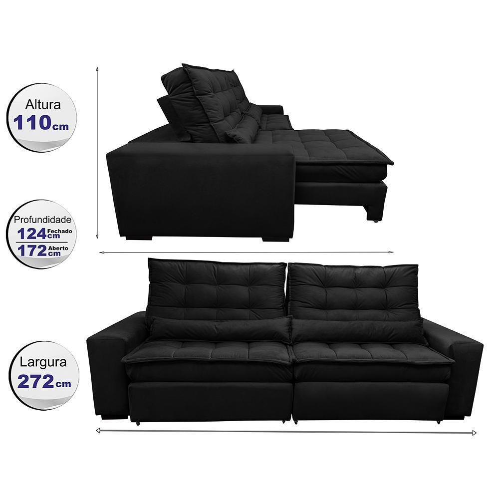 Sofá Retrátil E Reclinável Com Molas Ensacadas Cama Inbox Gold 2,72m Tecido Suede Velusoft Preto - 8