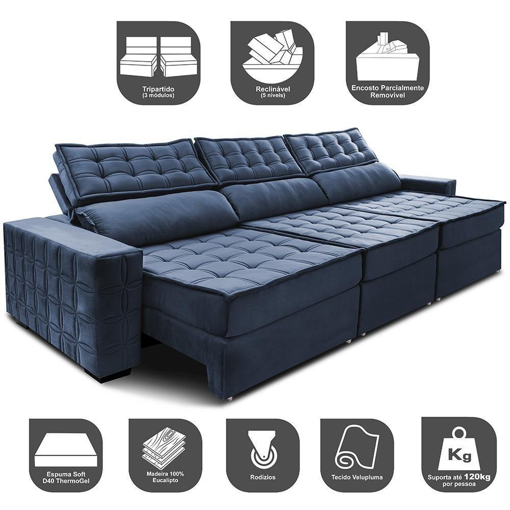 Sofá Retrátil E Reclinável 4,15M Cama Inbox Big Star Com Softgel D40 Velupluma Azul - 8