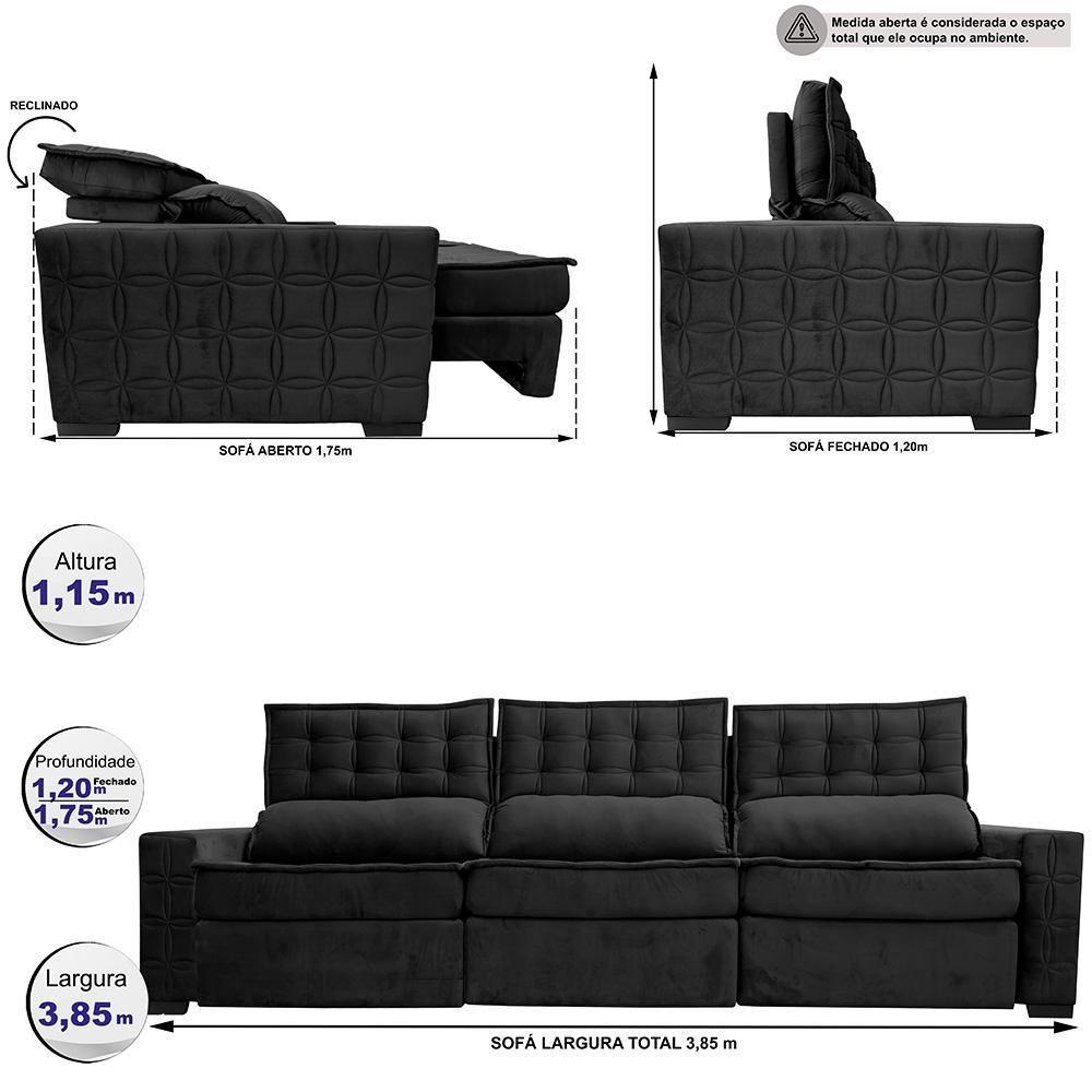 Sofá Retrátil E Reclinável 3,85M Cama Inbox Big Star Com Softgel D40 Velupluma Preto - 8