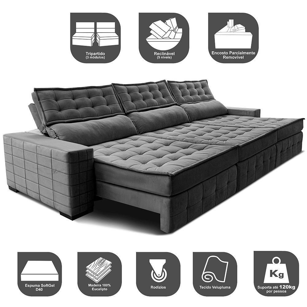 Sofá Retrátil E Reclinável 3,85M Cama Inbox Big Puffer Com Softgel D40 Velupluma Cinza - 7