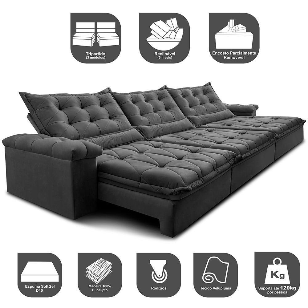 Sofá Retrátil E Reclinável 3,85M Cama Inbox Big Fresh Com Softgel D40 Velupluma Cinza - 7