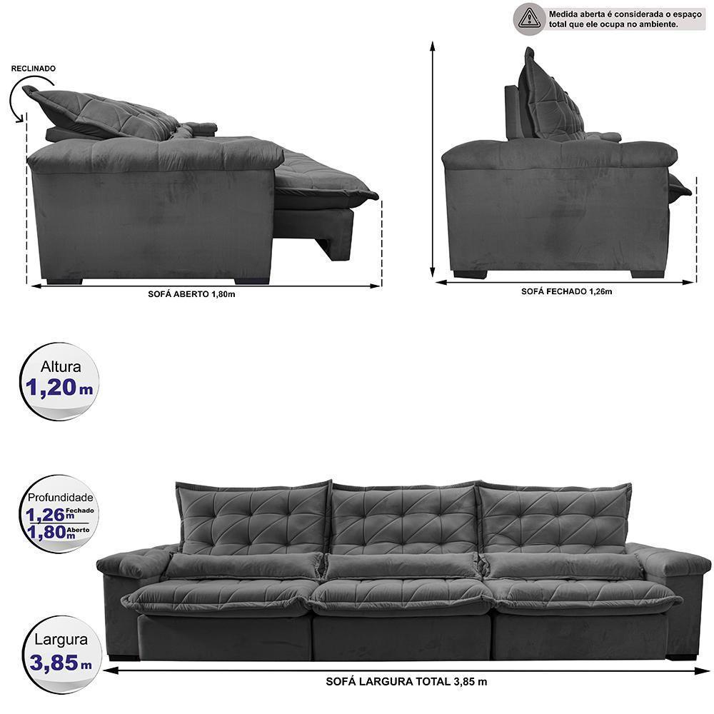 Sofá Retrátil E Reclinável 3,85M Cama Inbox Big Fresh Com Softgel D40 Velupluma Cinza - 8