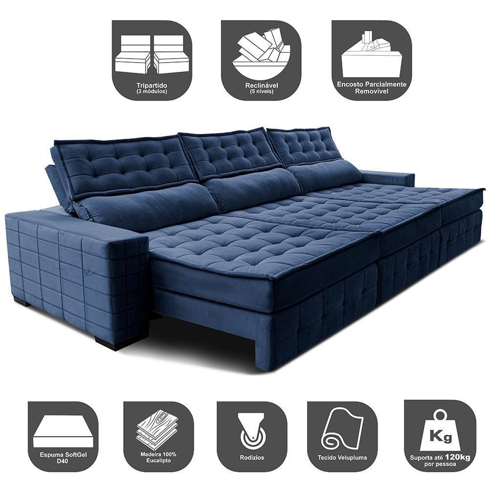 Sofá Retrátil E Reclinável 3,85M Cama Inbox Big Puffer Com Softgel D40 Velupluma Azul - 7