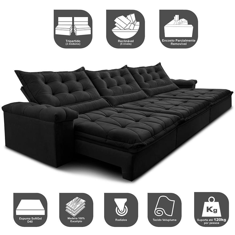 Sofá Retrátil E Reclinável 3,85M Cama Inbox Big Fresh Com Softgel D40 Velupluma Preto - 7