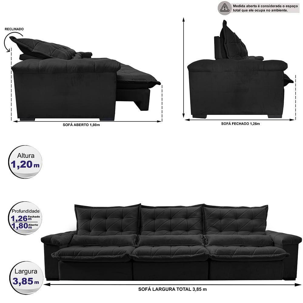 Sofá Retrátil E Reclinável 3,85M Cama Inbox Big Fresh Com Softgel D40 Velupluma Preto - 8