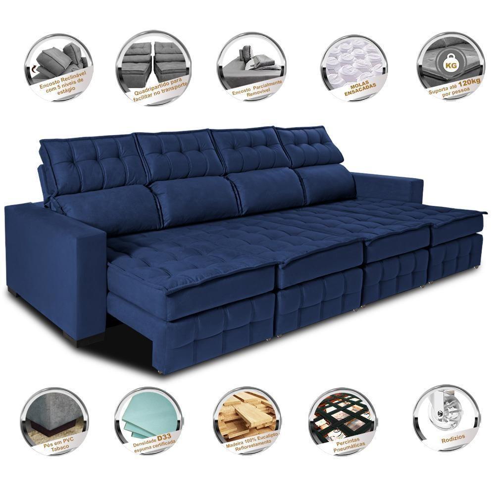 Sofá Retrátil E Reclinável 3,20m Molas Ensacadas E Costura Tripla Cama Inbox Nobre Suede Azul - 7