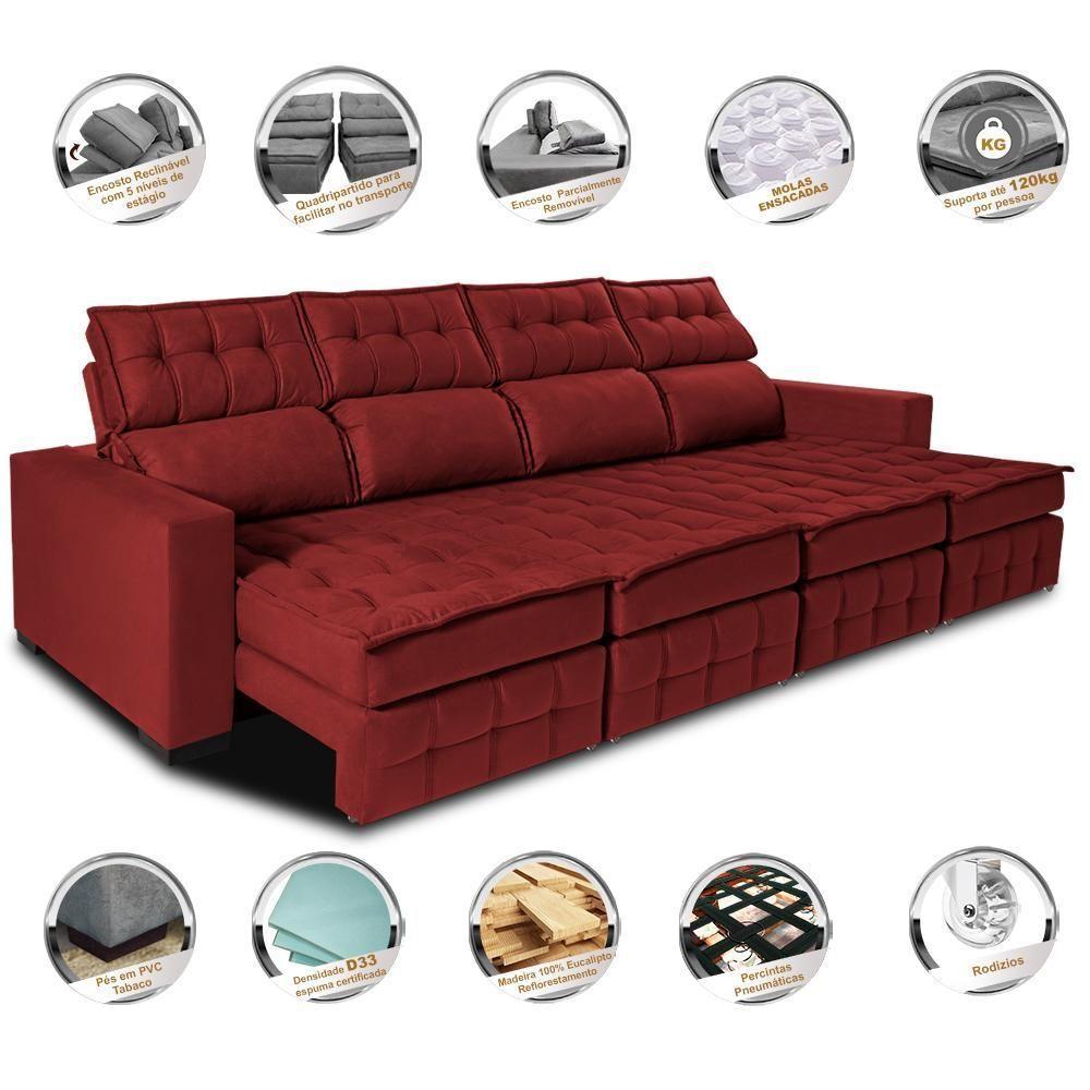 Sofá Retrátil E Reclinável 3,20m Molas Ensacadas E Costura Tripla Cama Inbox Nobre Suede Vermelho - 7