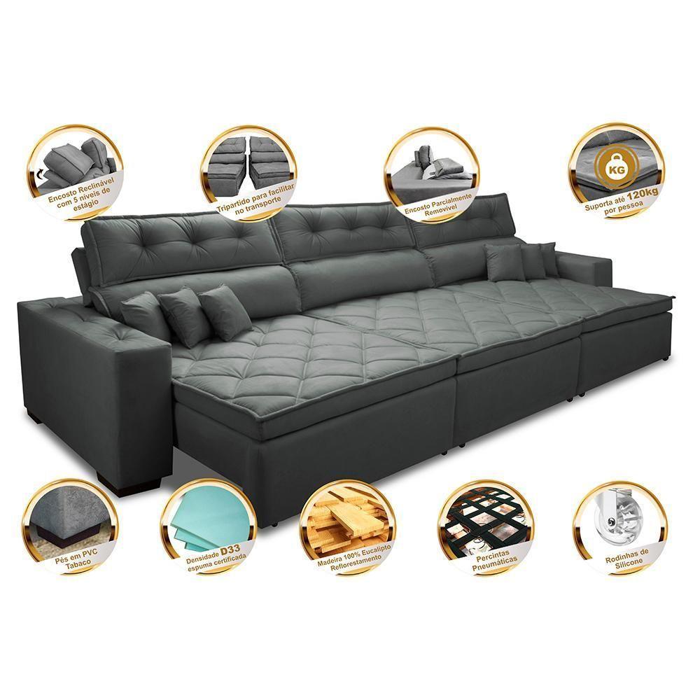 Sofá Retrátil E Reclinável 3,52m Austin Com Molas No Assento Tecido Suede Velusoft Cinza - 7