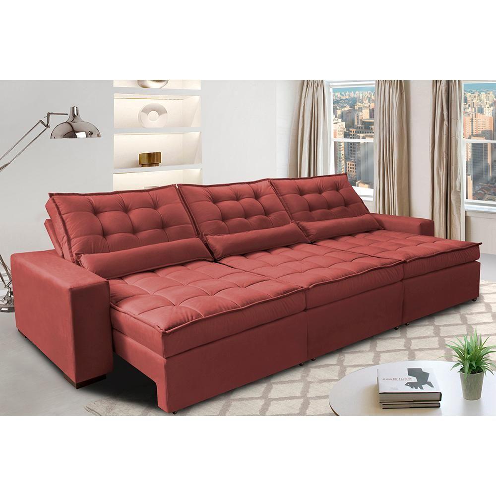 Sofá Retrátil E Reclinável 3,52m Com Molas Ensacadas Cama Inbox Gold Tecido Suede Velusoft Vermelho - 1