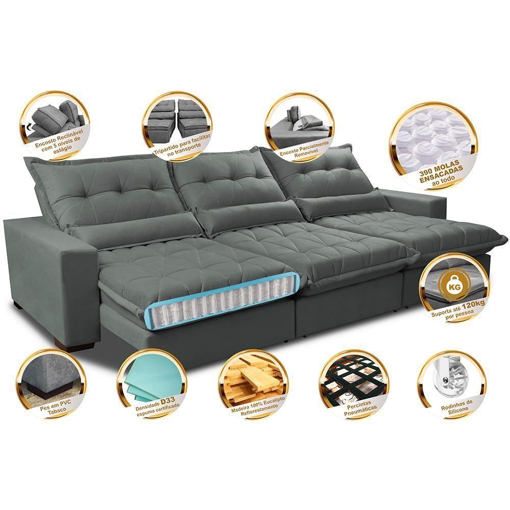 Sofá Retrátil E Reclinável 3,52m Com Molas Ensacadas Cama Inbox Soft Tecido Suede Velusoft Cinza - 7