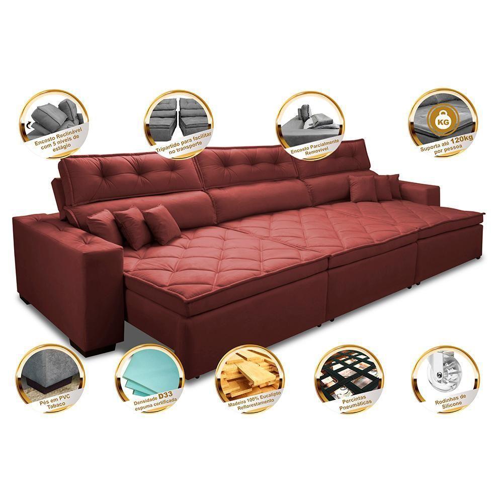 Sofá Retrátil E Reclinável 3,52m Austin Com Molas No Assento Tecido Suede Velusoft Vermelho - 7