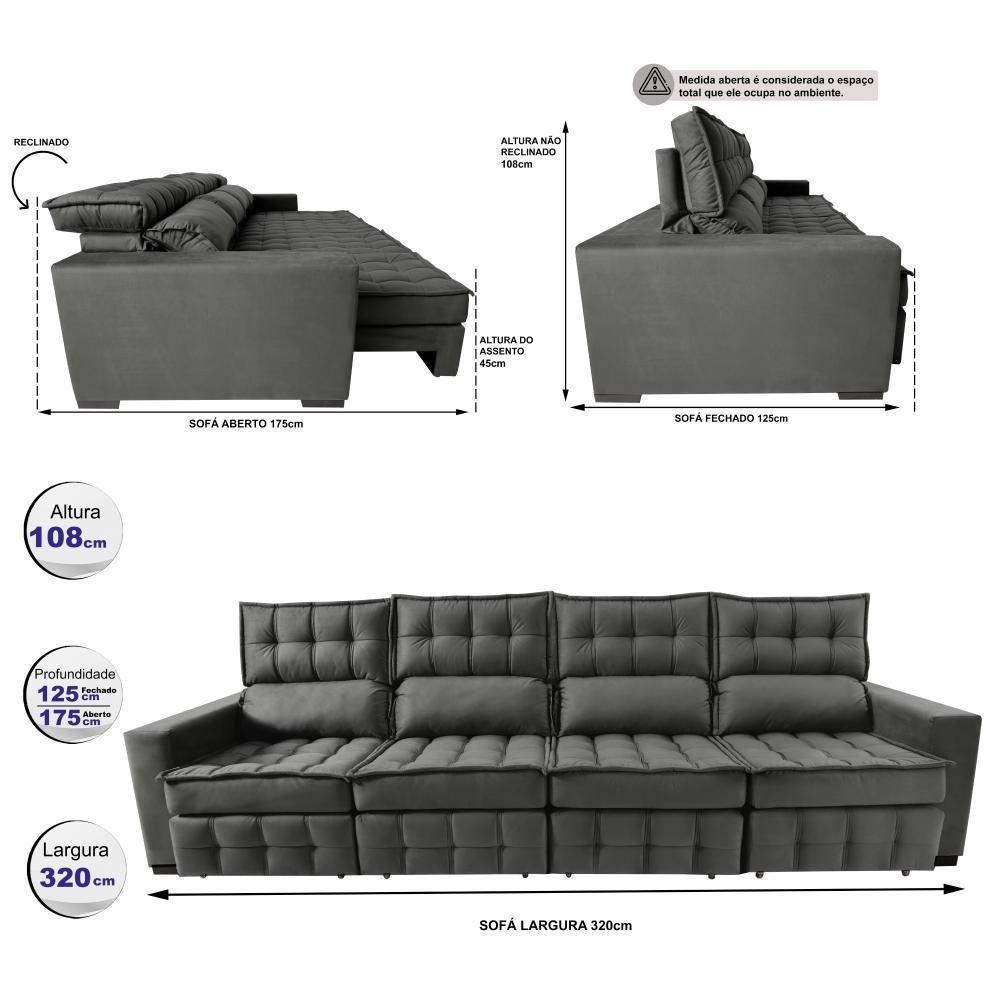 Sofá Retrátil E Reclinável 3,20m Molas Ensacadas E Costura Tripla Cama Inbox Nobre Suede Cinza - 2
