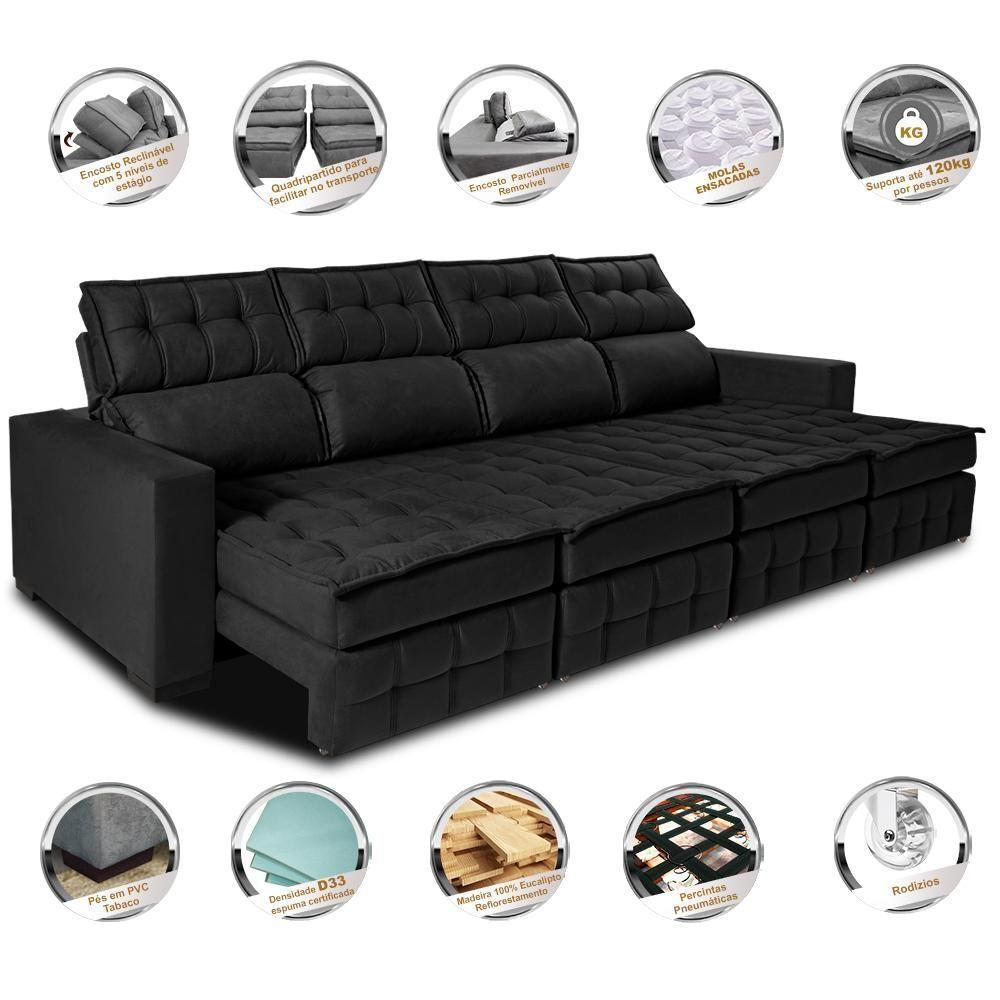 Sofá Retrátil E Reclinável 3,20m Molas Ensacadas E Costura Tripla Cama Inbox Nobre Suede Preto - 7