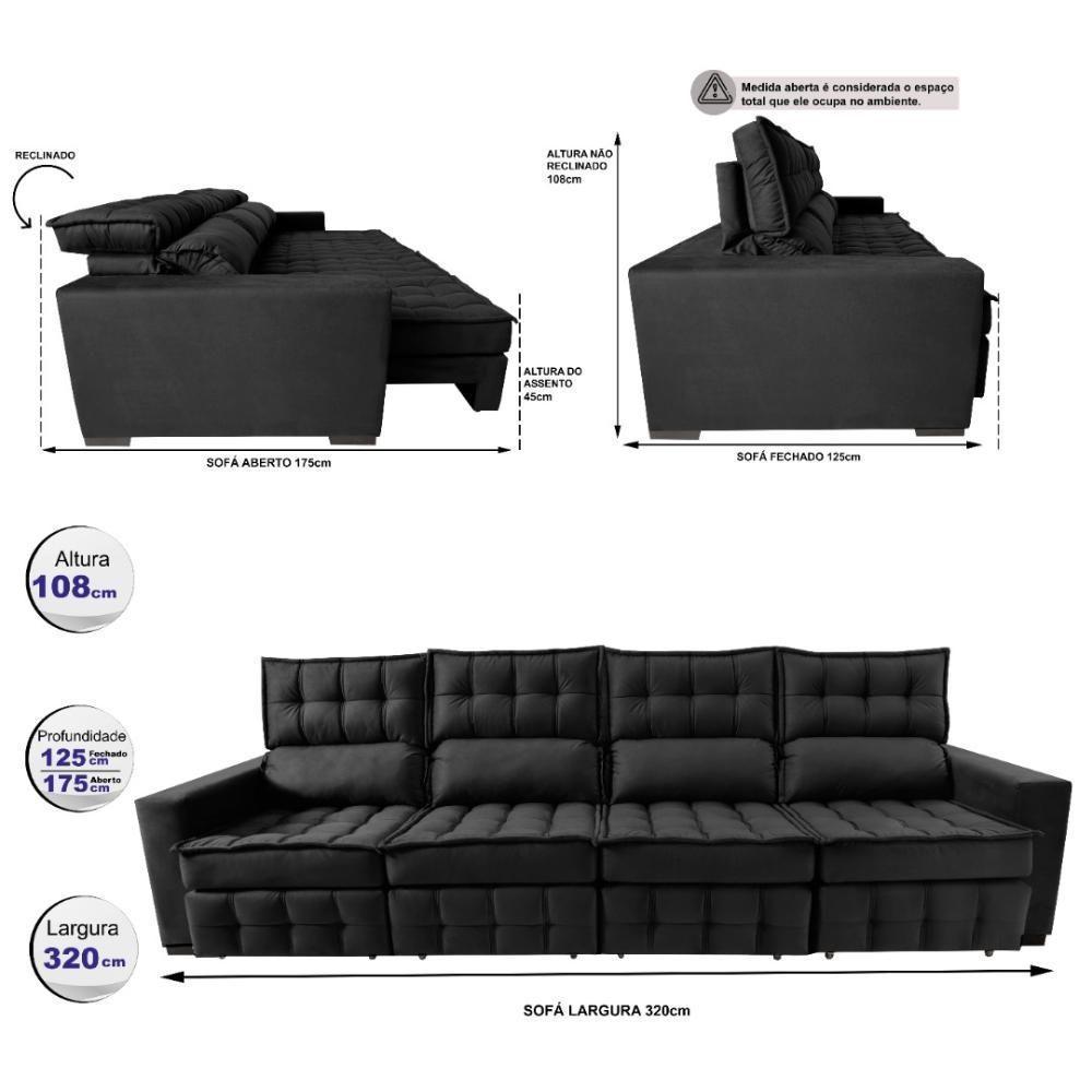 Sofá Retrátil E Reclinável 3,20m Molas Ensacadas E Costura Tripla Cama Inbox Nobre Suede Preto - 8
