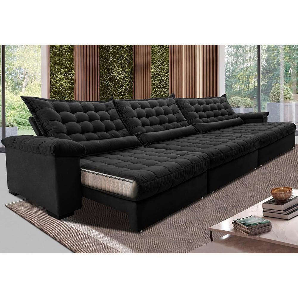 Sofá Retrátil E Reclinável 3,55m Molas Ensacadas Cama Inbox Big Space Com Bordado 3d Velusoft Preto - 1
