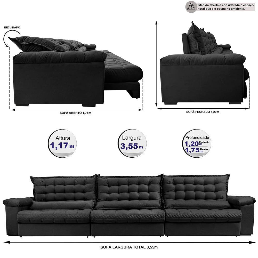 Sofá Retrátil E Reclinável 3,55m Molas Ensacadas Cama Inbox Big Space Com Bordado 3d Velusoft Preto - 8