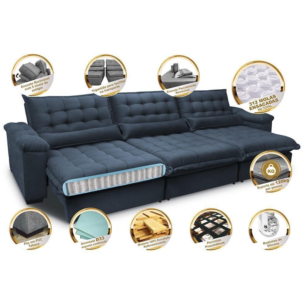 Sofá Retrátil E Reclinável 3,22m Com Molas Ensacadas Cama Inbox Aconchego Tecido Suede Azul - 7