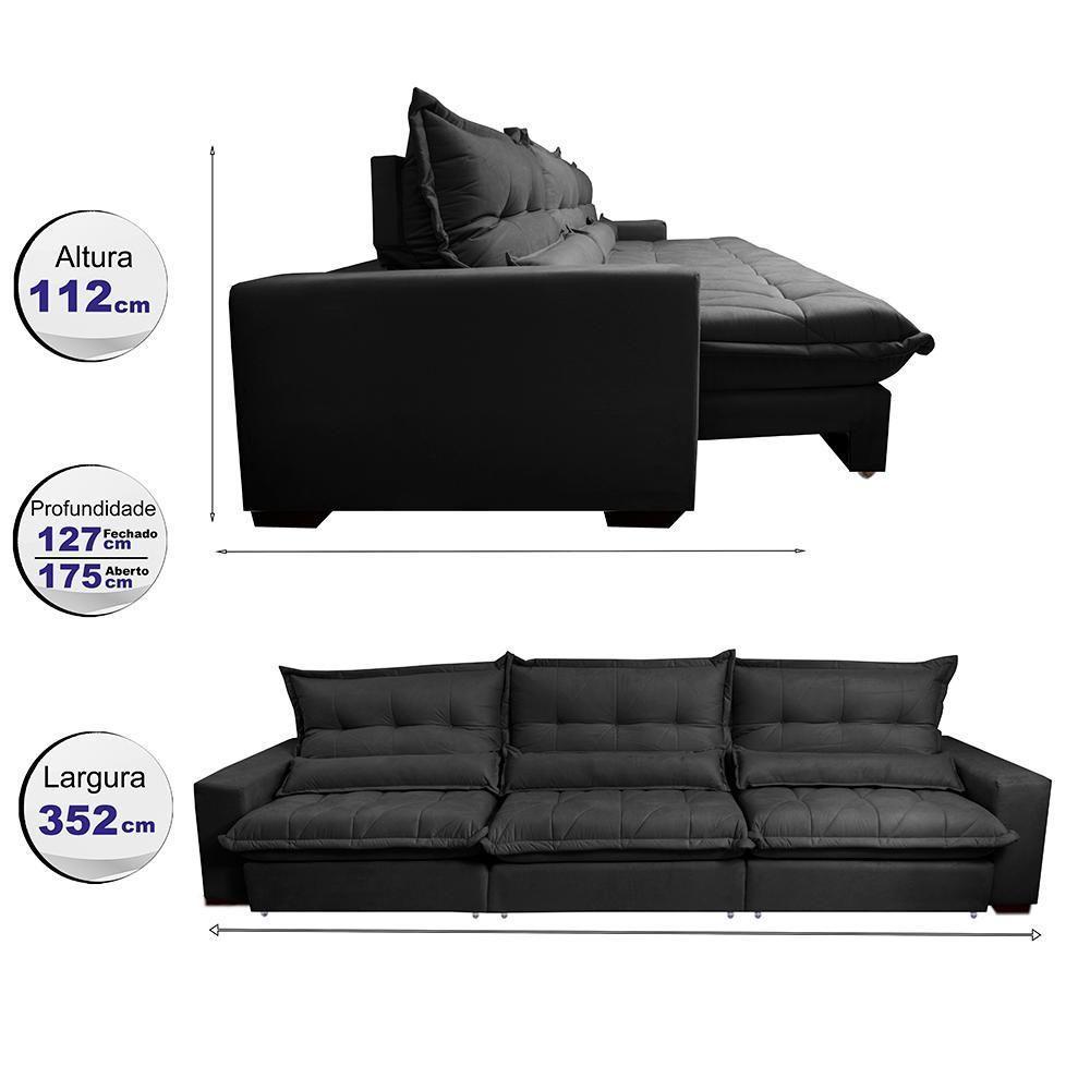 Sofá Retrátil E Reclinável 3,52m Com Molas Ensacadas Cama Inbox Soft Tecido Suede Velusoft Preto - 8