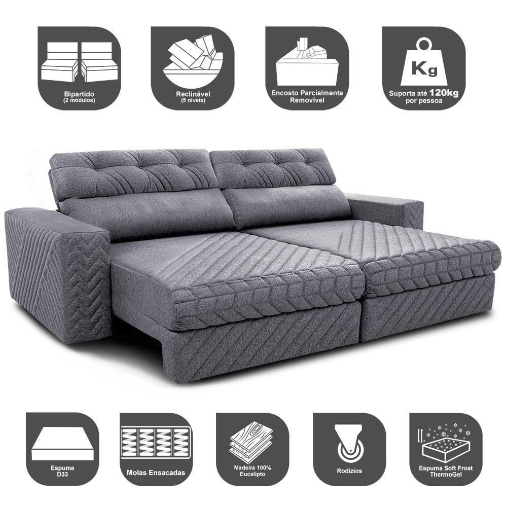Sofá Retrátil E Reclinável 3,15m Molas Ensacadas Cama Inbox Style Thermo Gel Linho Cinza Escuro - 7