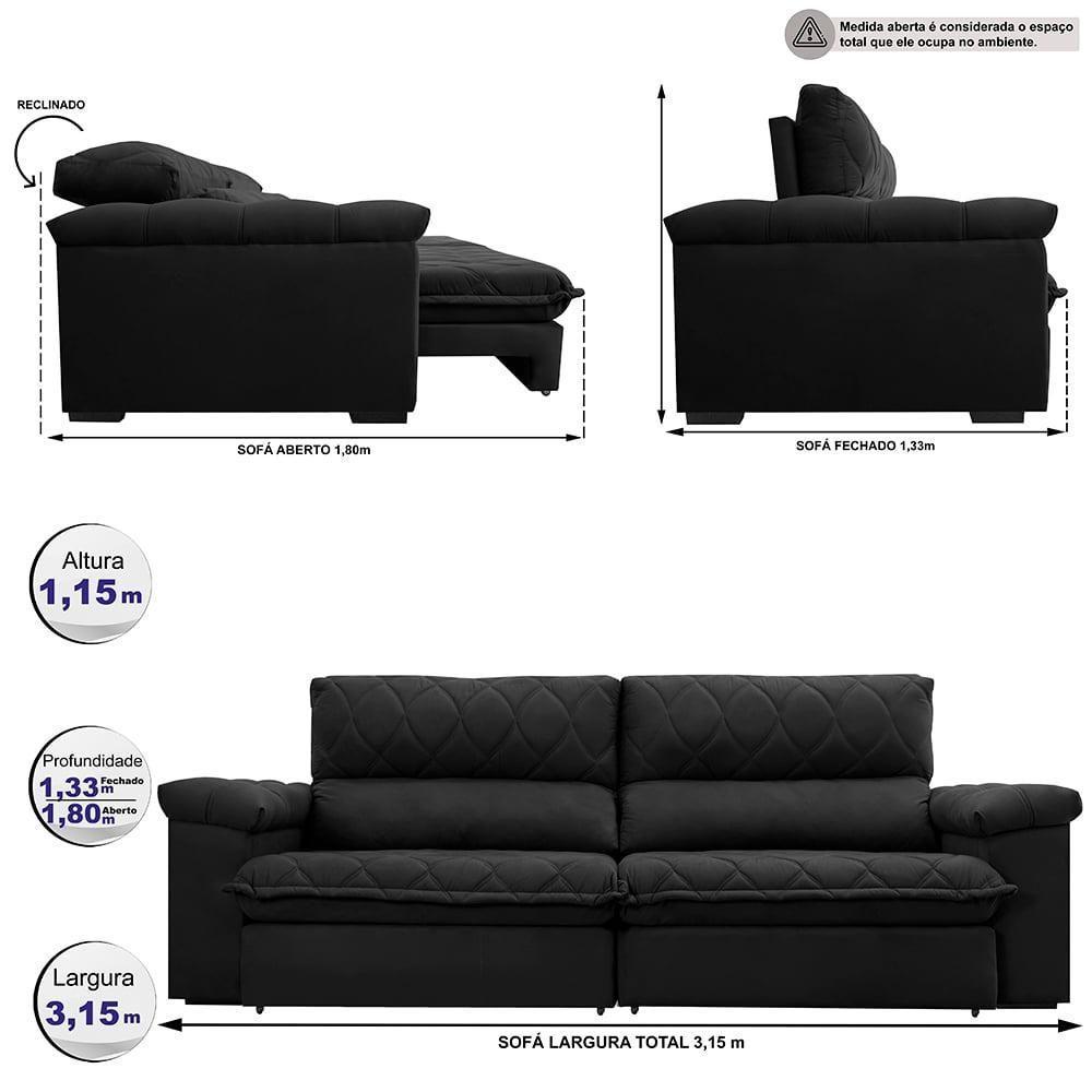 Sofá Retrátil E Reclinável 3,15m Molas Ensacadas Cama Inbox Big Home Com Bordado 3d Velusoft Preto - 8