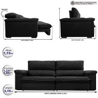 Sofá Retrátil E Reclinável 3,15m Molas Ensacadas Cama Inbox Big Home Com Bordado 3d Velusoft Preto - 8