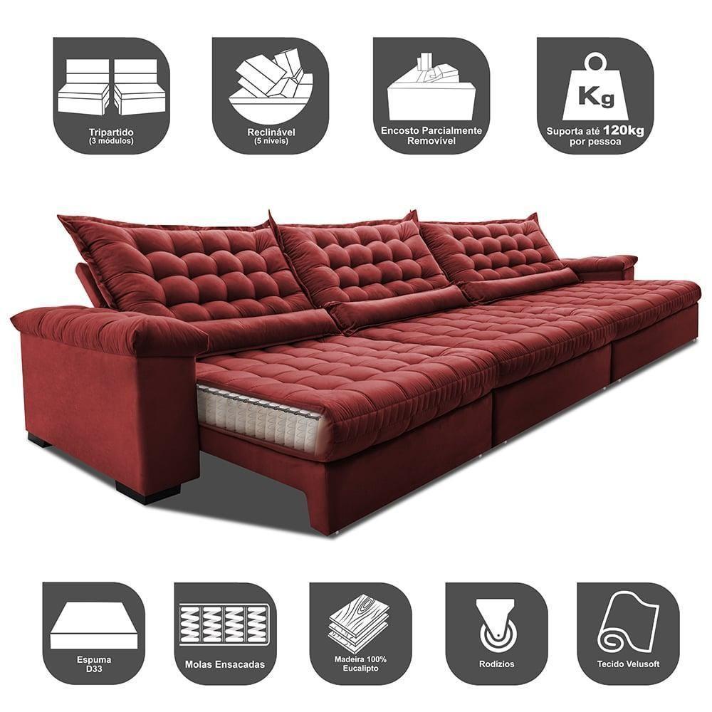Sofá Retrátil E Reclinável 3,55m Molas Ensacadas Cama Inbox Big Space Com Bordado Velusoft Vermelho - 7