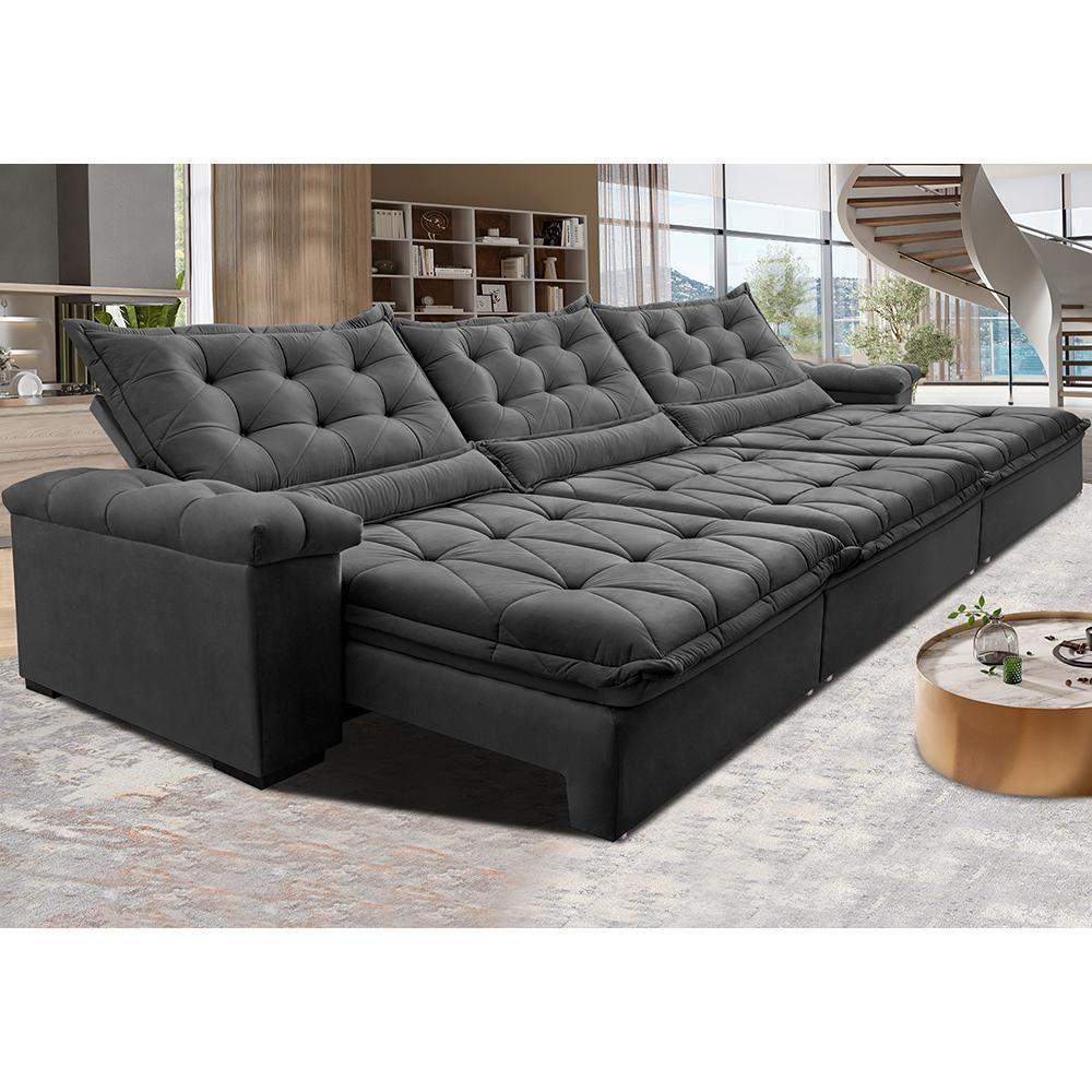 Sofá Retrátil E Reclinável 3,55M Cama Inbox Big Fresh Com Softgel D40 Velupluma Cinza - 1