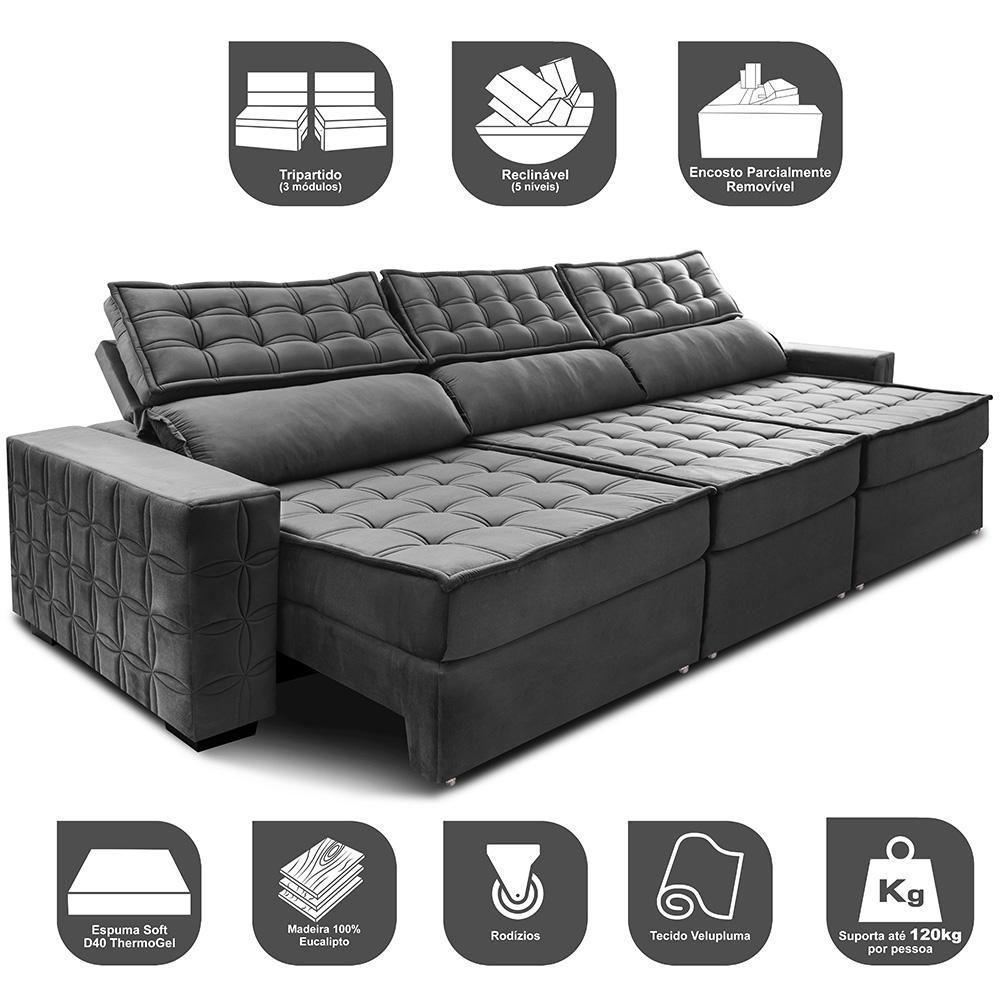 Sofá Retrátil E Reclinável 3,55M Cama Inbox Big Star Com Softgel D40 Velupluma Cinza - 7