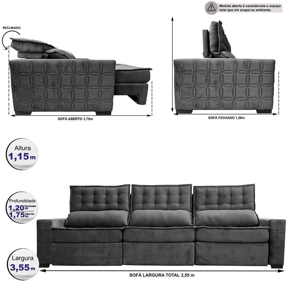 Sofá Retrátil E Reclinável 3,55M Cama Inbox Big Star Com Softgel D40 Velupluma Cinza - 8