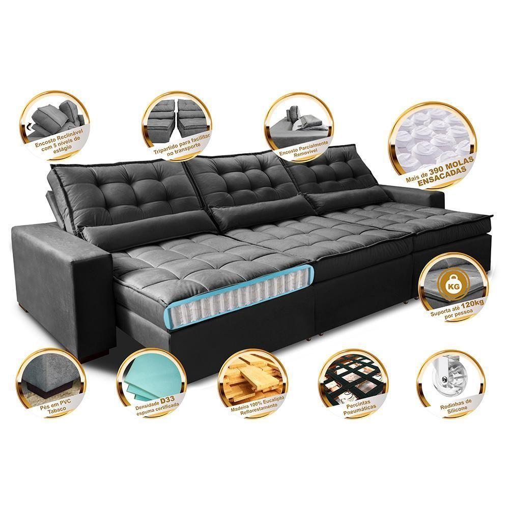 Sofá Retrátil E Reclinável 3,52m Com Molas Ensacadas Cama Inbox Gold Tecido Suede Velusoft Preto - 7