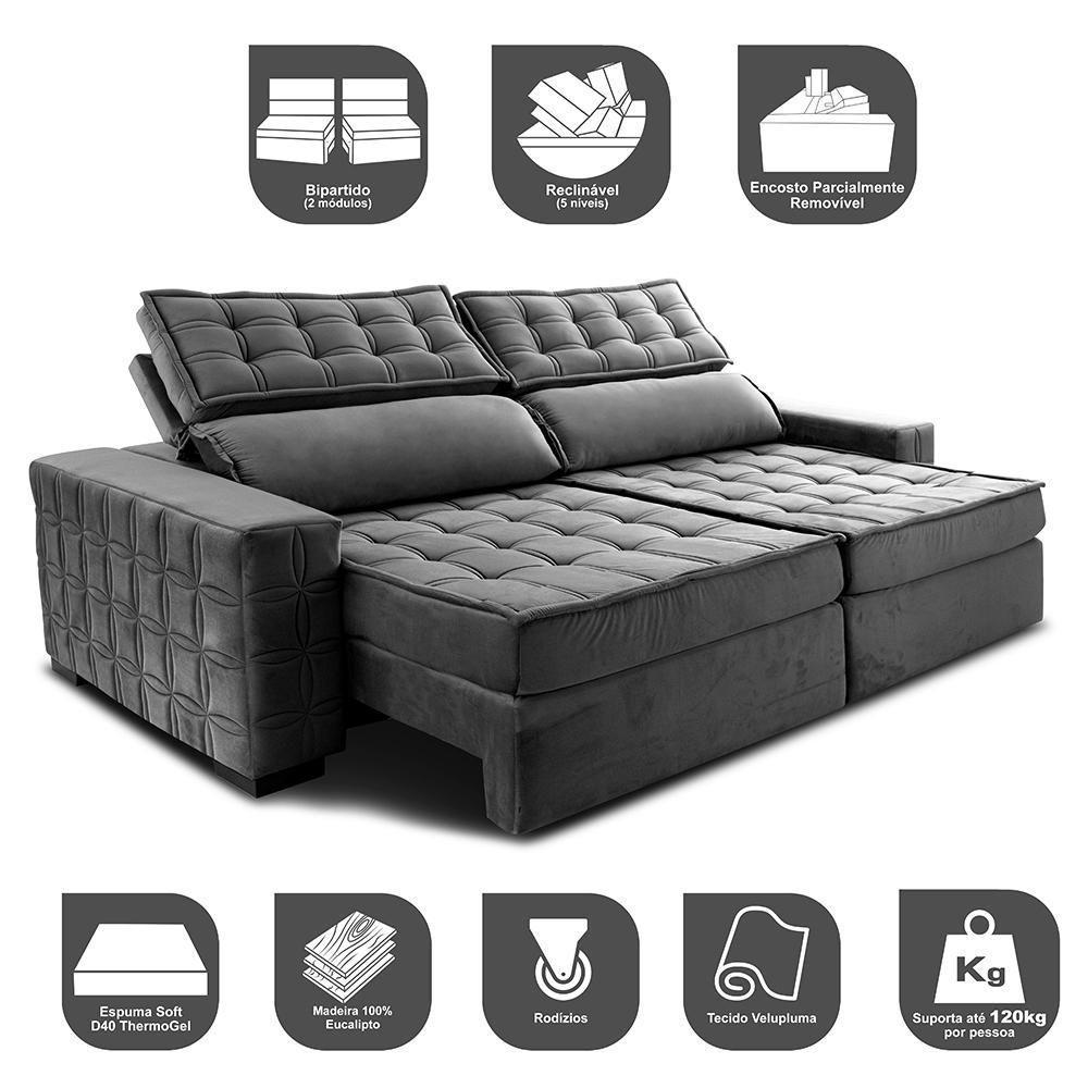 Sofá Retrátil E Reclinável 3,15M Cama Inbox Big Star Com Softgel D40 Velupluma Cinza - 7