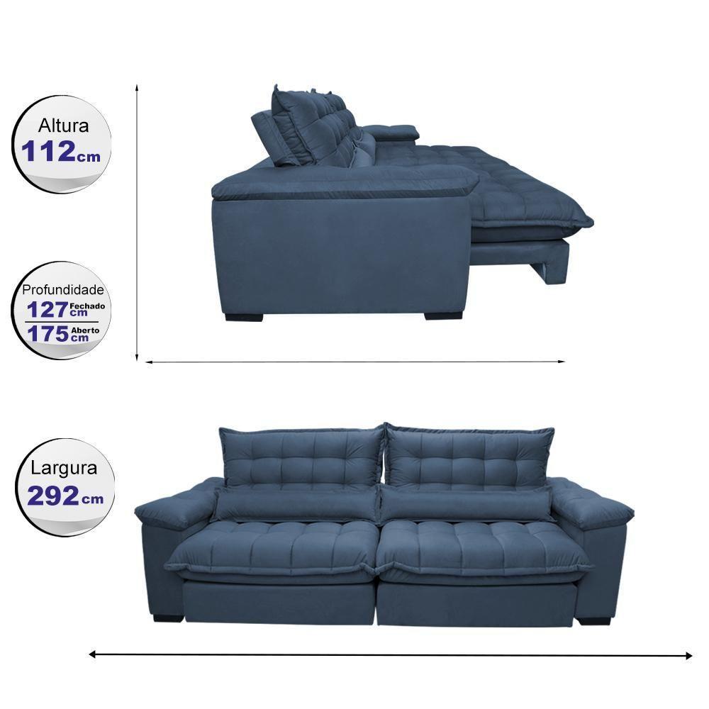 Sofá Retrátil E Reclinável 2,92m Com Molas Ensacadas Cama Inbox Aconchego Tecido Suede Azul - 8