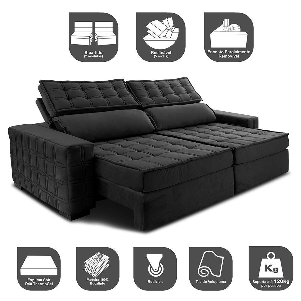 Sofá Retrátil E Reclinável 2,95M Cama Inbox Big Star Com Softgel D40 Velupluma Preto - 7