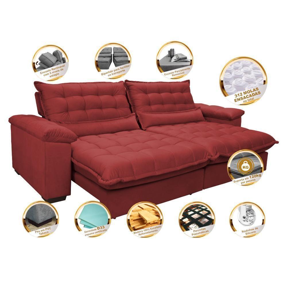 Sofá Retrátil E Reclinável 2,92m Com Molas Ensacadas Cama Inbox Aconchego Tecido Suede Vermelho - 7