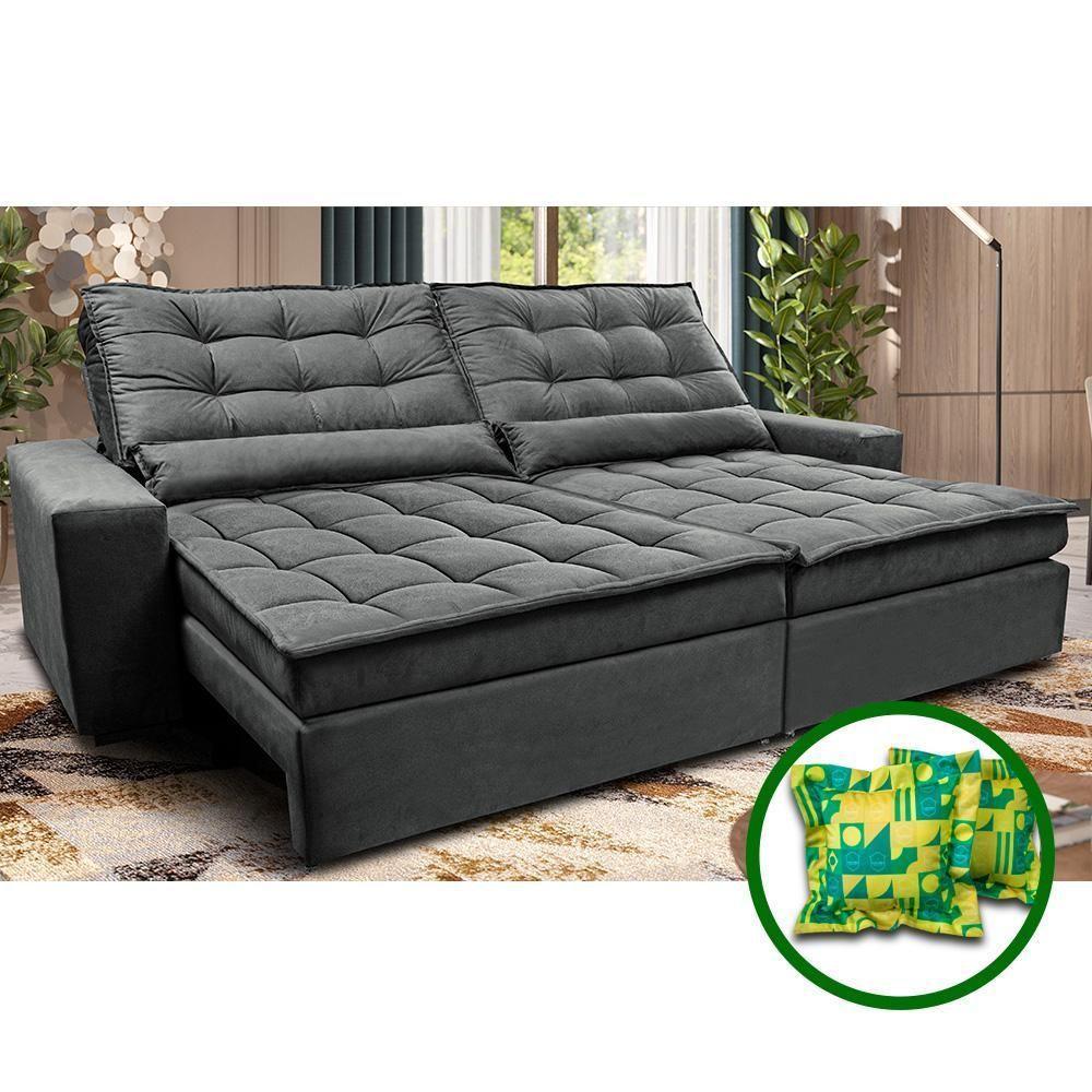 Sofá Retrátil E Reclinável 3,12m Molas Ensacadas Cama Inbox Catar Velusoft Cinza - 1