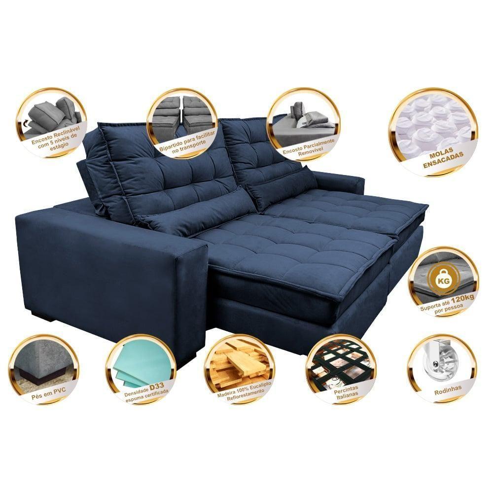 Sofá Retrátil E Reclinável 3,12m Molas Ensacadas Cama Inbox Catar Velusoft Azul - 7