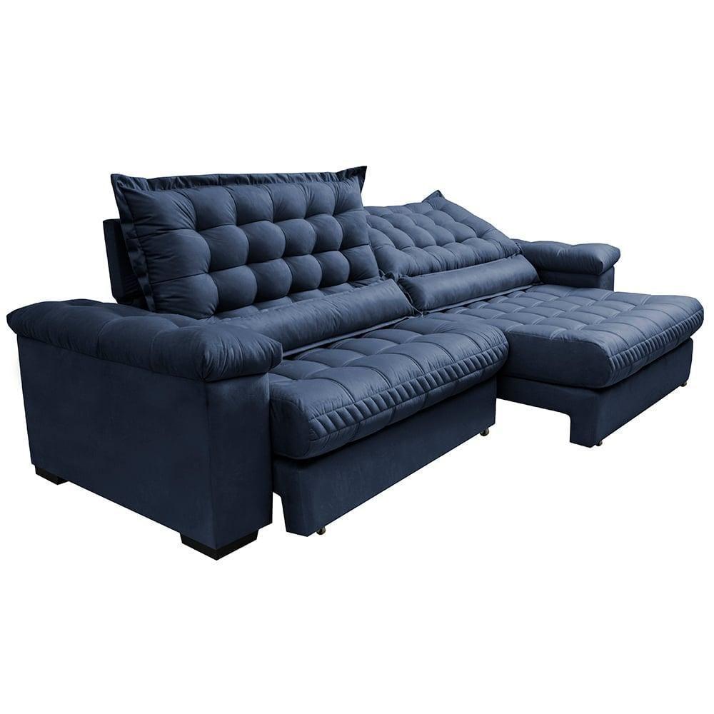 Sofá Retrátil E Reclinável 2,95m Molas Ensacadas Cama Inbox Big Space Com Bordado 3d Velusoft Azul - 2
