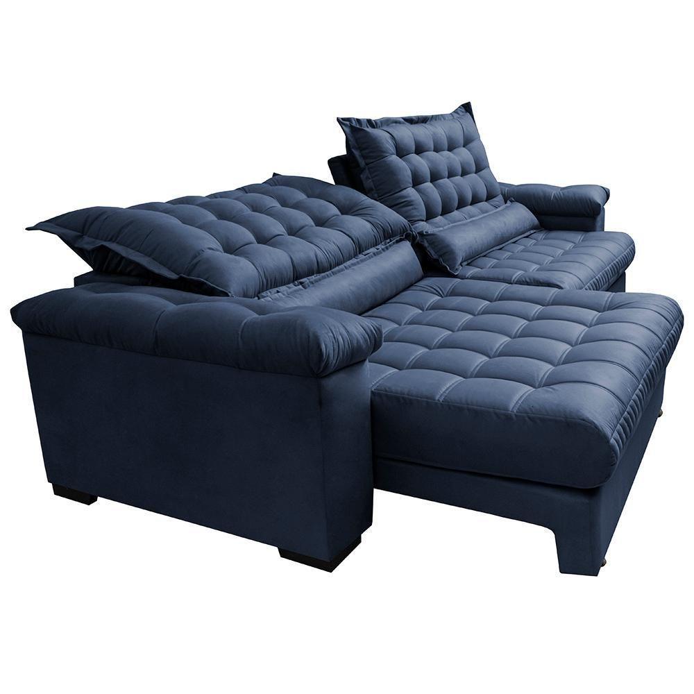Sofá Retrátil E Reclinável 2,95m Molas Ensacadas Cama Inbox Big Space Com Bordado 3d Velusoft Azul - 3