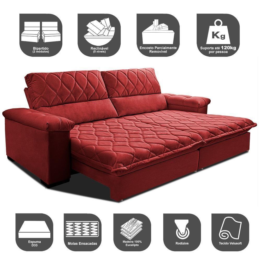 Sofá Retrátil E Reclinável 2,95m Molas Ensacadas Cama Inbox Big Home Com Bordado Velusoft Vermelho - 6