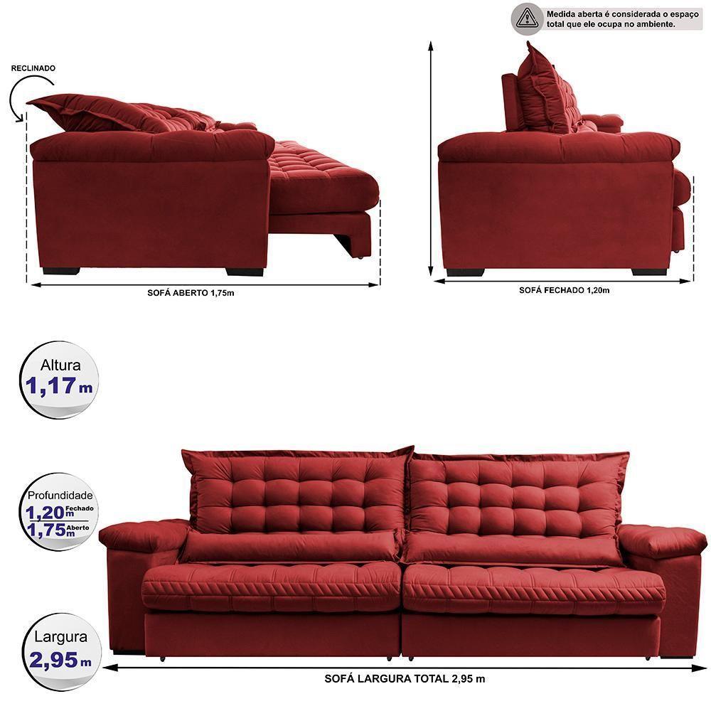 Sofá Retrátil E Reclinável 2,95m Molas Ensacadas Cama Inbox Big Space Com Bordado Velusoft Vermelho - 8