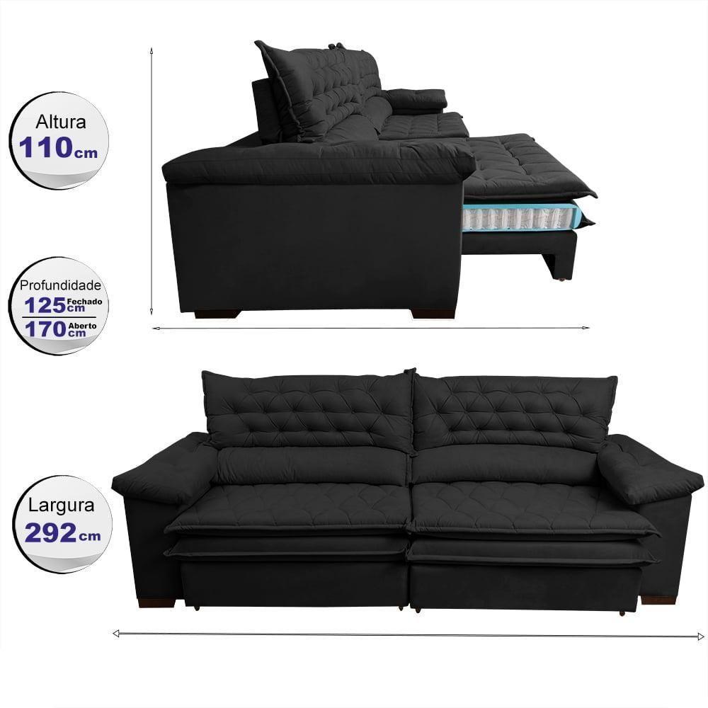 Sofá Retrátil E Reclinável 2,92m Molas Ensacadas Cama Inbox Alemanha De Viscoelástico Velusoft Preto - 8