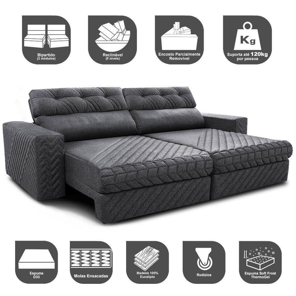 Sofá Retrátil E Reclinável 2,75m Molas Ensacadas Cama Inbox Style Thermo Gel Linho Cinza Escuro - 7