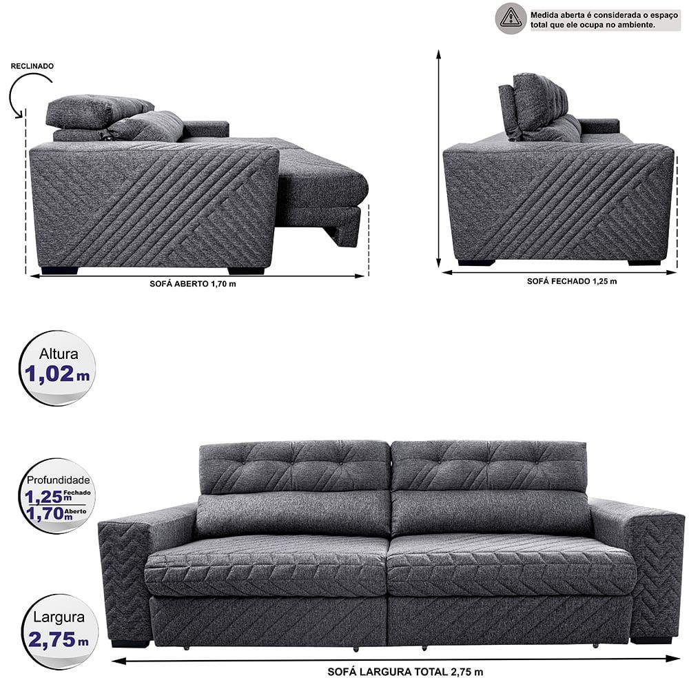 Sofá Retrátil E Reclinável 2,75m Molas Ensacadas Cama Inbox Style Thermo Gel Linho Cinza Escuro - 8