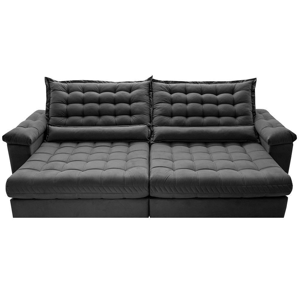 Sofá Retrátil E Reclinável 2,95m Molas Ensacadas Cama Inbox Big Space Com Bordado 3d Velusoft Cinza - 5