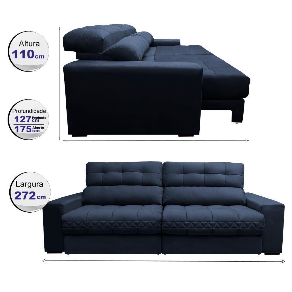 Sofá Retrátil E Reclinável 2,72m Molas Ensacadas Cama Inbox Brasil Velusoft Azul - 8
