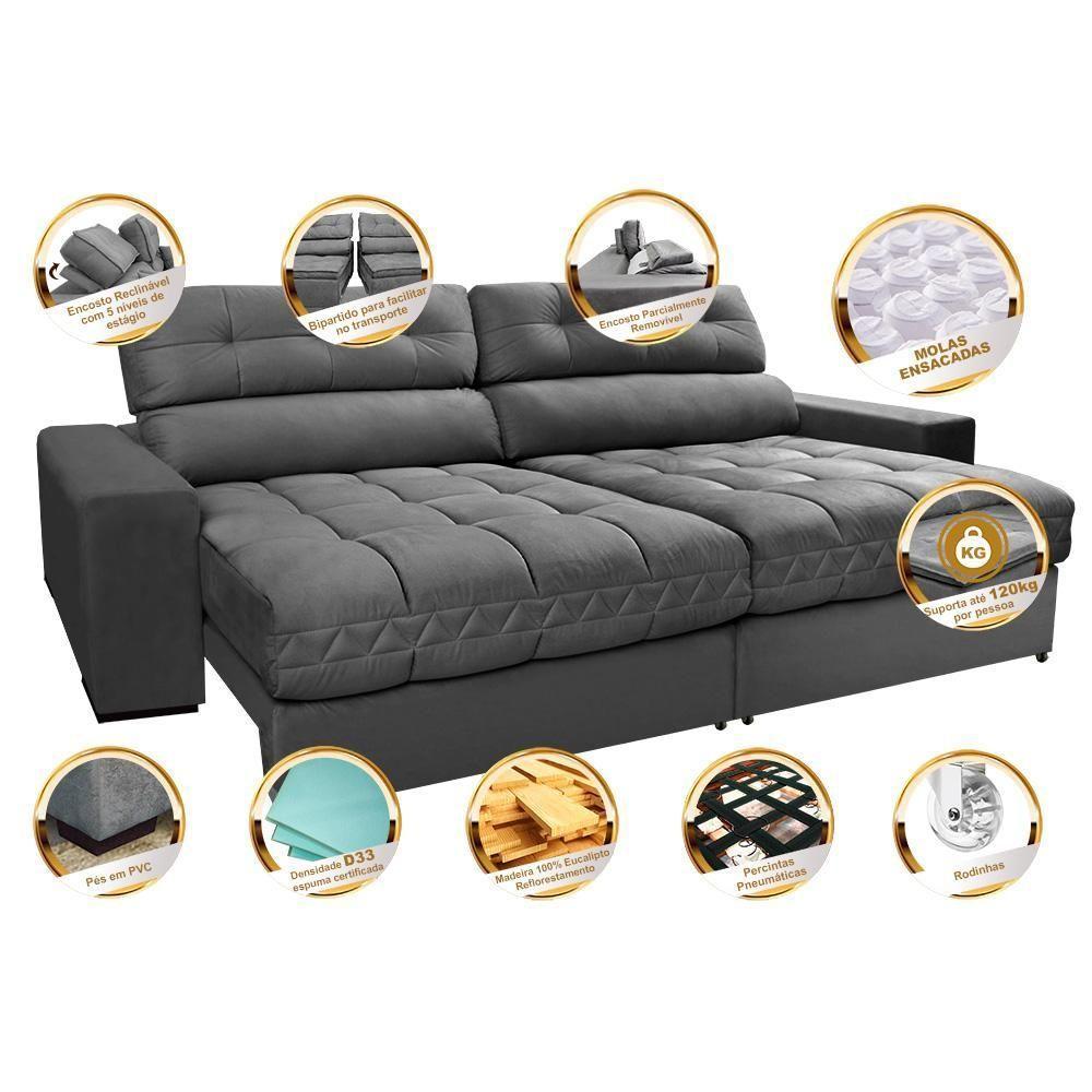 Sofá Retrátil E Reclinável 2,72m Molas Ensacadas Cama Inbox Brasil Velusoft Cinza - 7