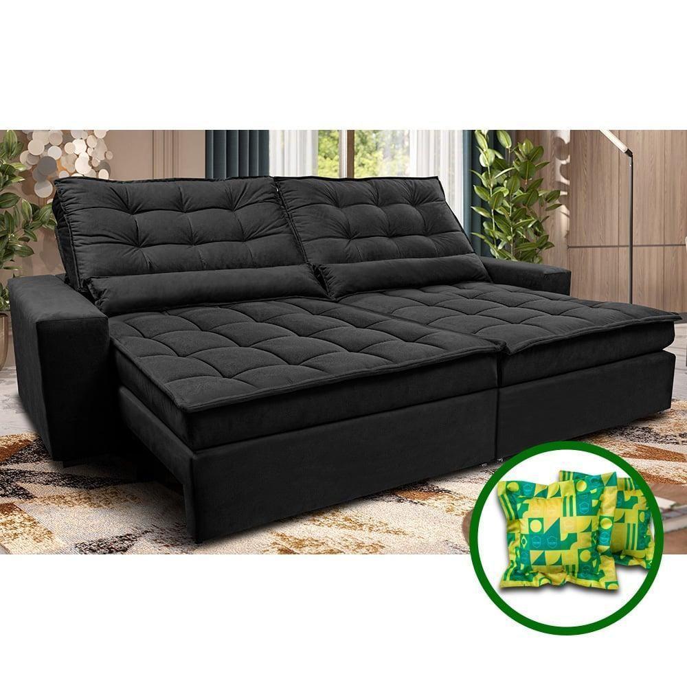 Sofá Retrátil E Reclinável 2,92m Molas Ensacadas Cama Inbox Catar Velusoft Preto - 1